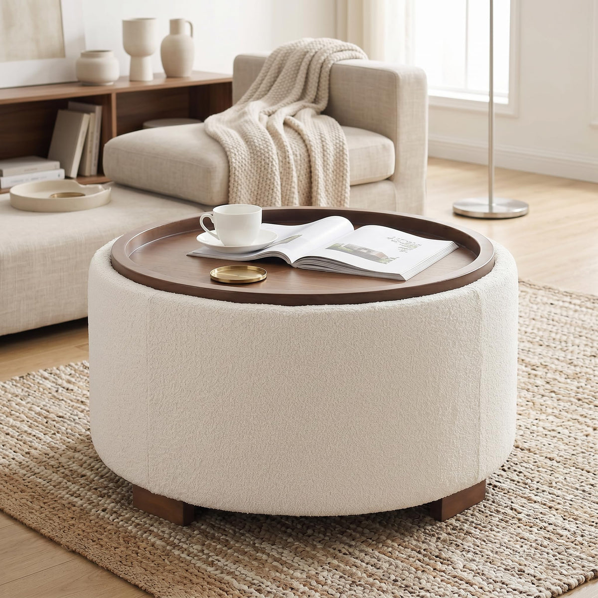 30 Inch Round Boucle Storage Ottoman E695206