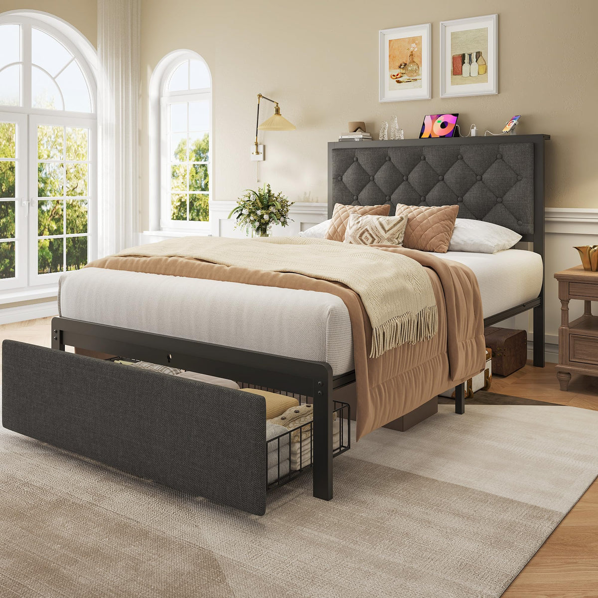 Grey Twin Bed Frame with Storage Drawer W83938