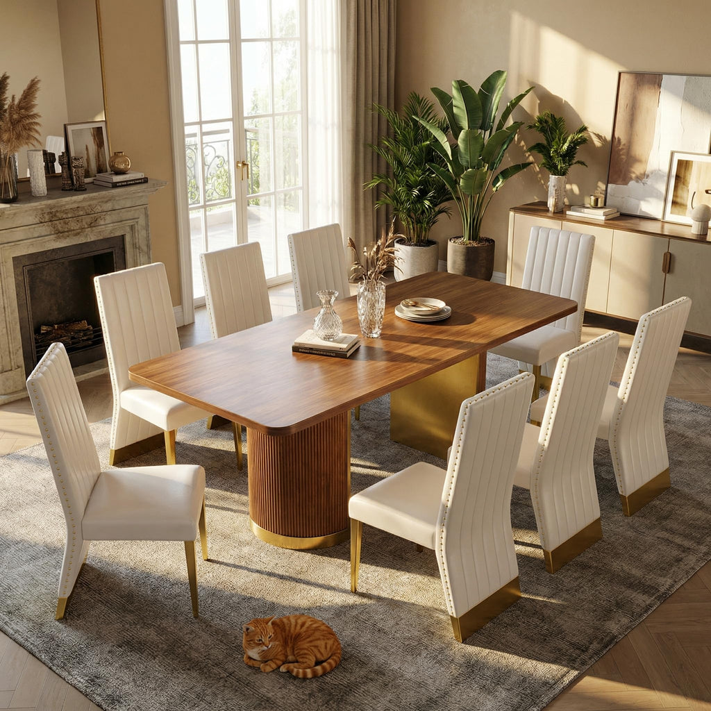 78" Walnut Dining Table Set with White Leather Chairs for 8 Y886