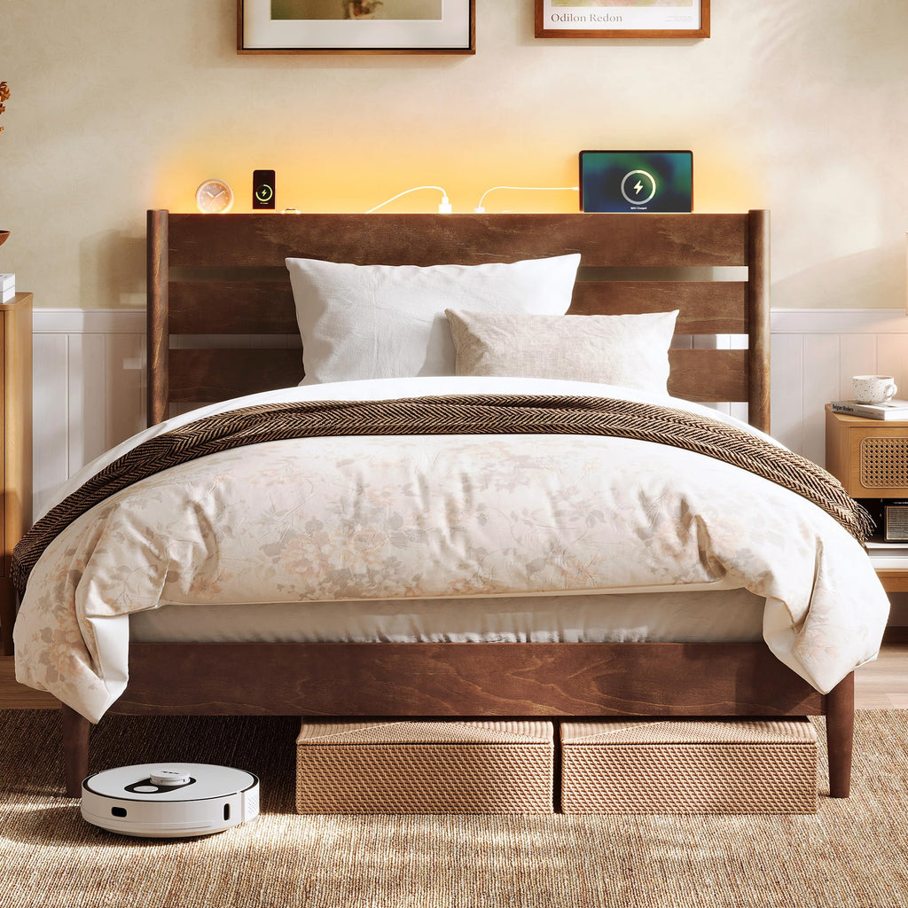 Full Wood Platform Bed with Headboard Storage Shelf J544