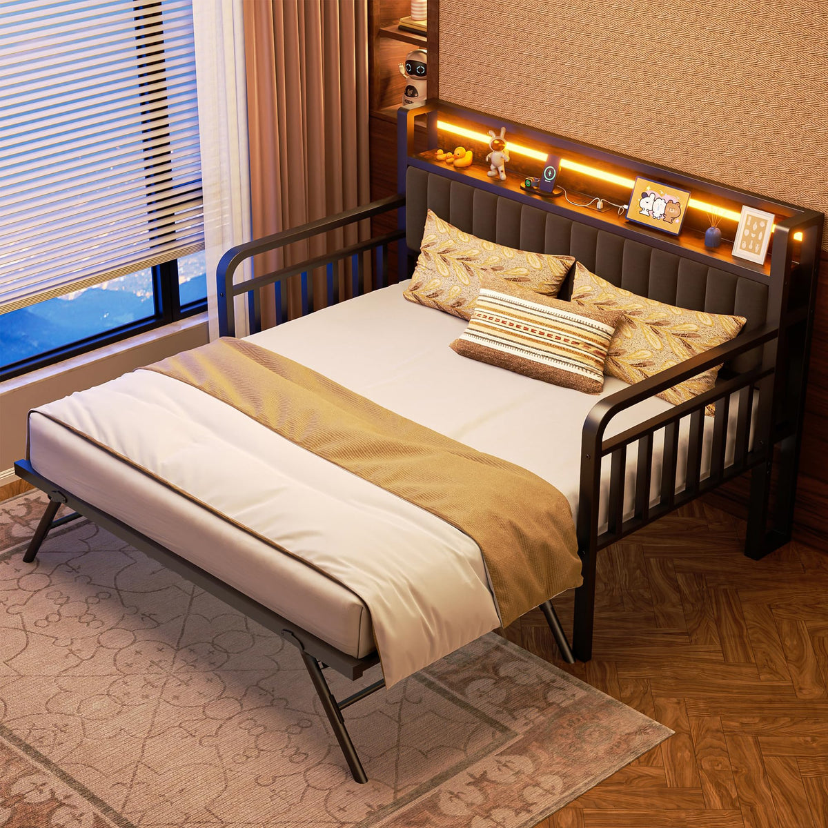 Brown Metal Daybed with Trundle and Storage Headboard Z7701