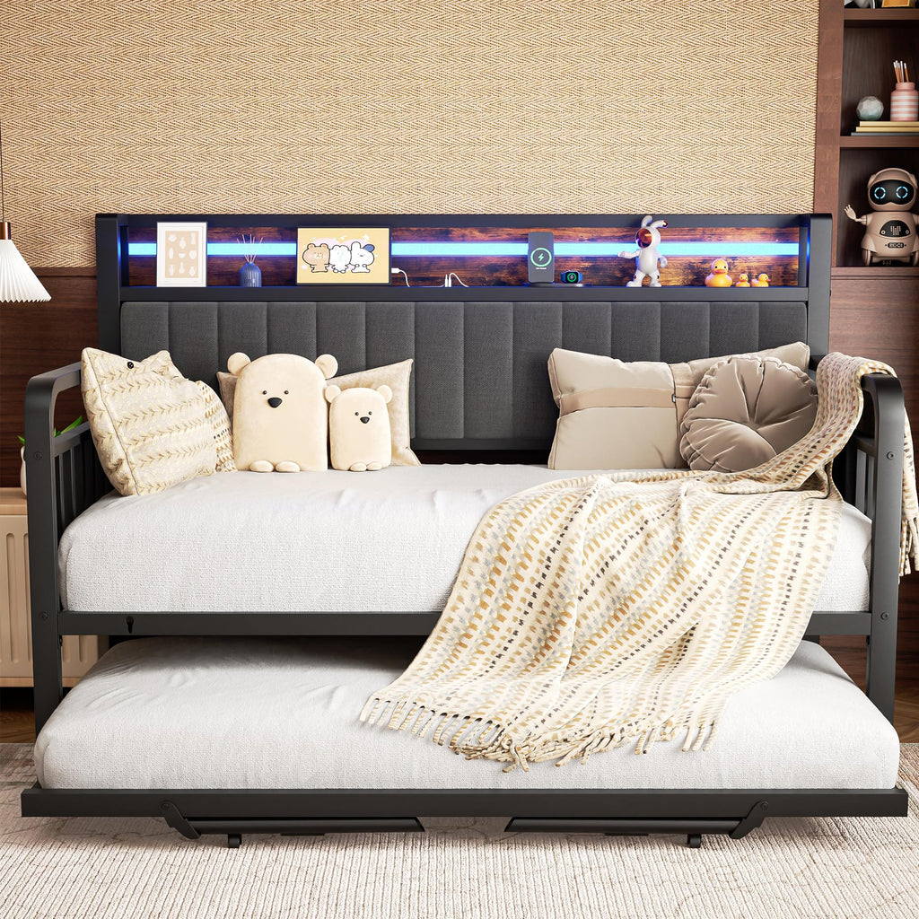 Brown Metal Daybed with Trundle and Storage Headboard Z7701