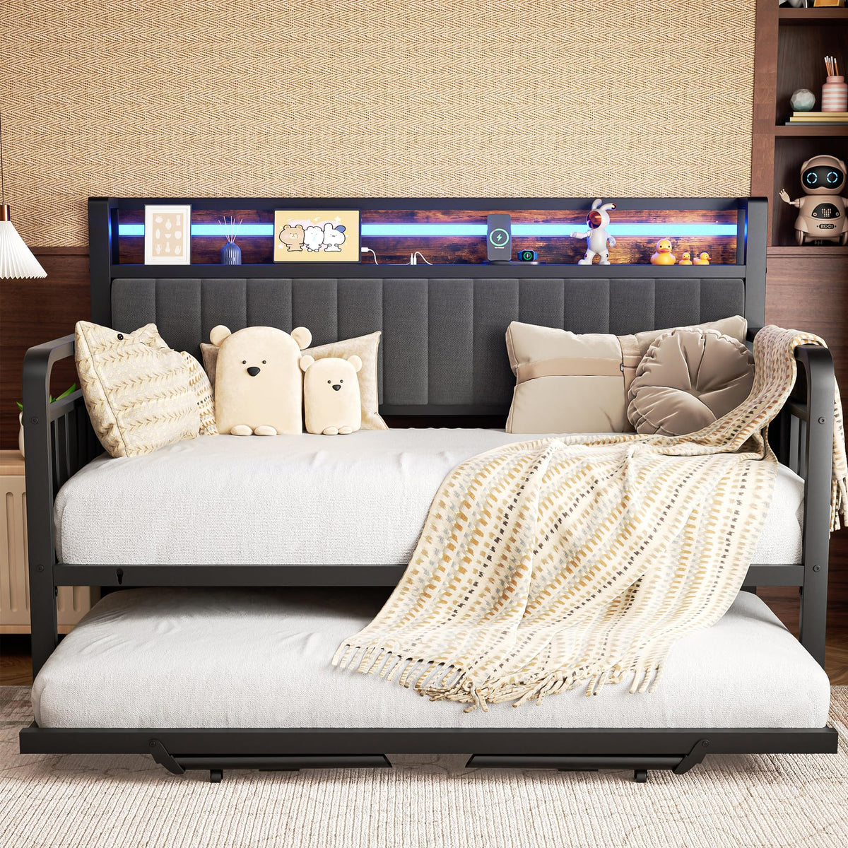 Brown Metal Daybed with Trundle and Storage Headboard Z7701