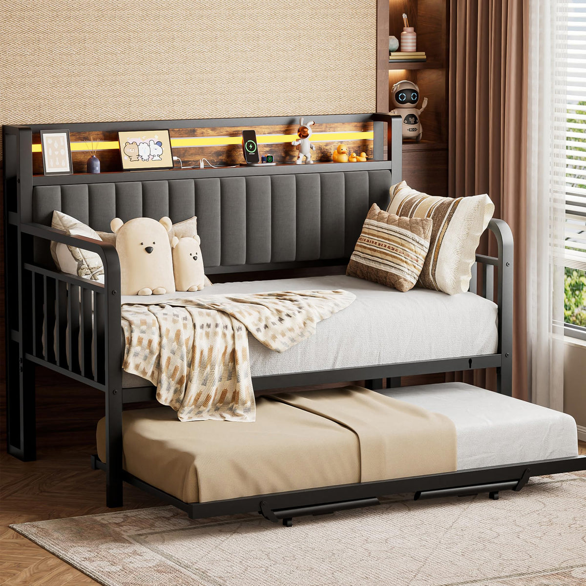 Brown Metal Daybed with Trundle and Storage Headboard Z7701