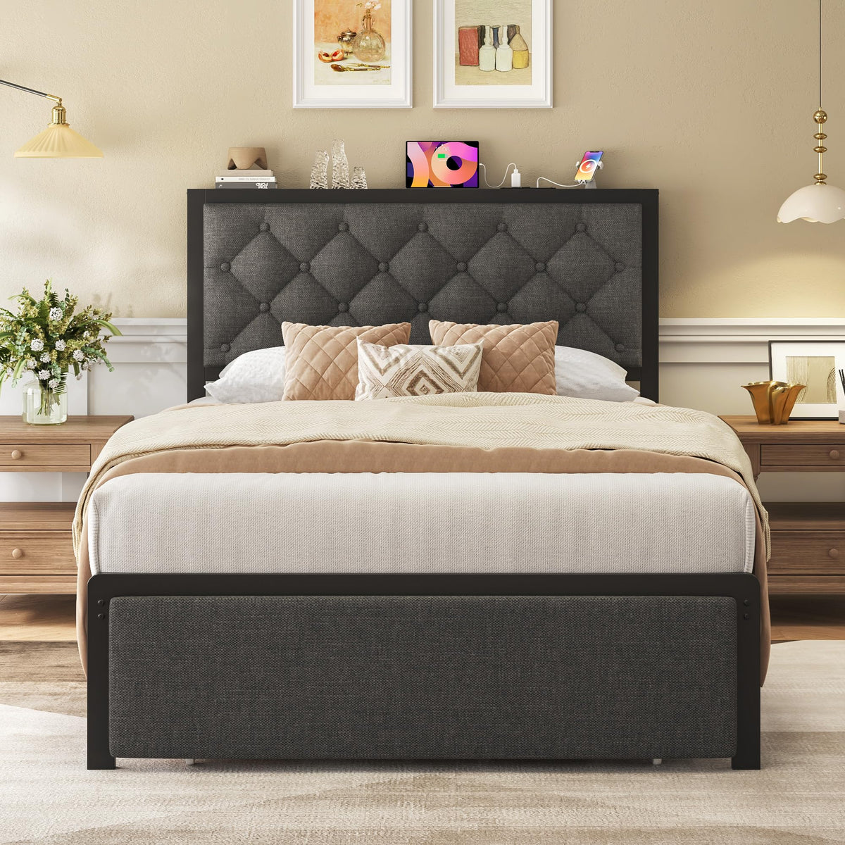 Grey Twin Bed Frame with Storage Drawer W83938