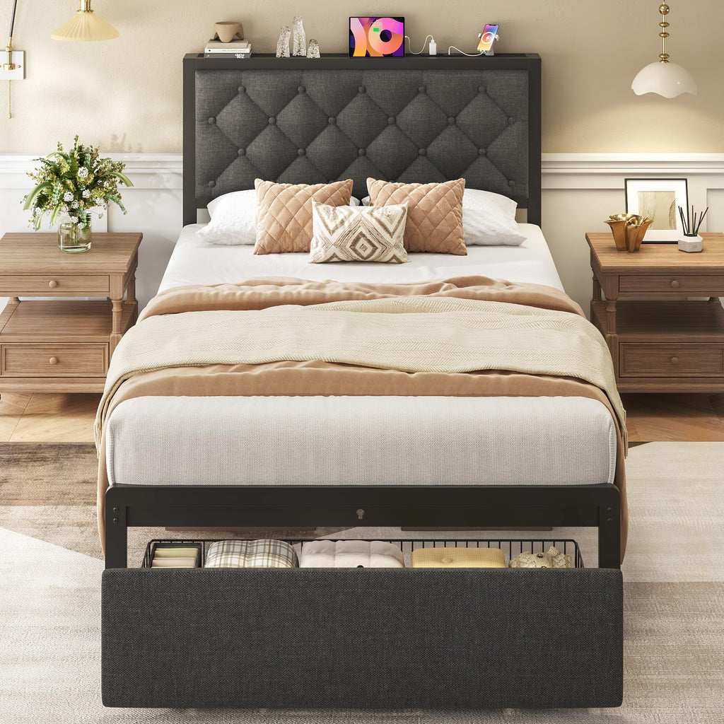 Grey Twin Bed Frame with Storage Drawer W83938