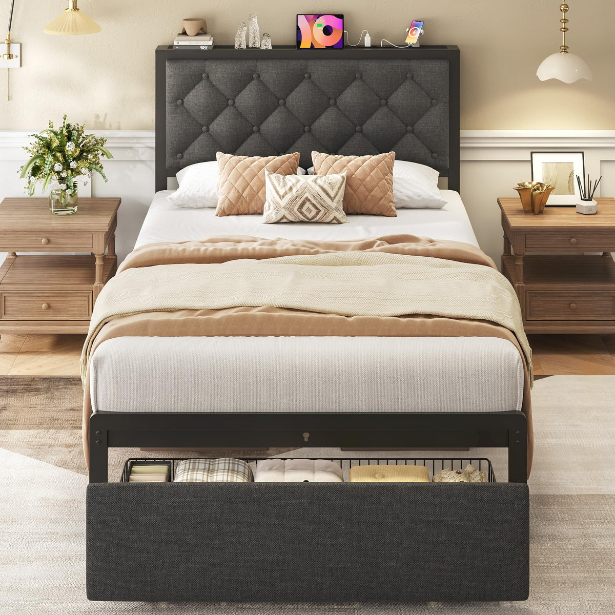 Grey Twin Bed Frame with Storage Drawer W83938