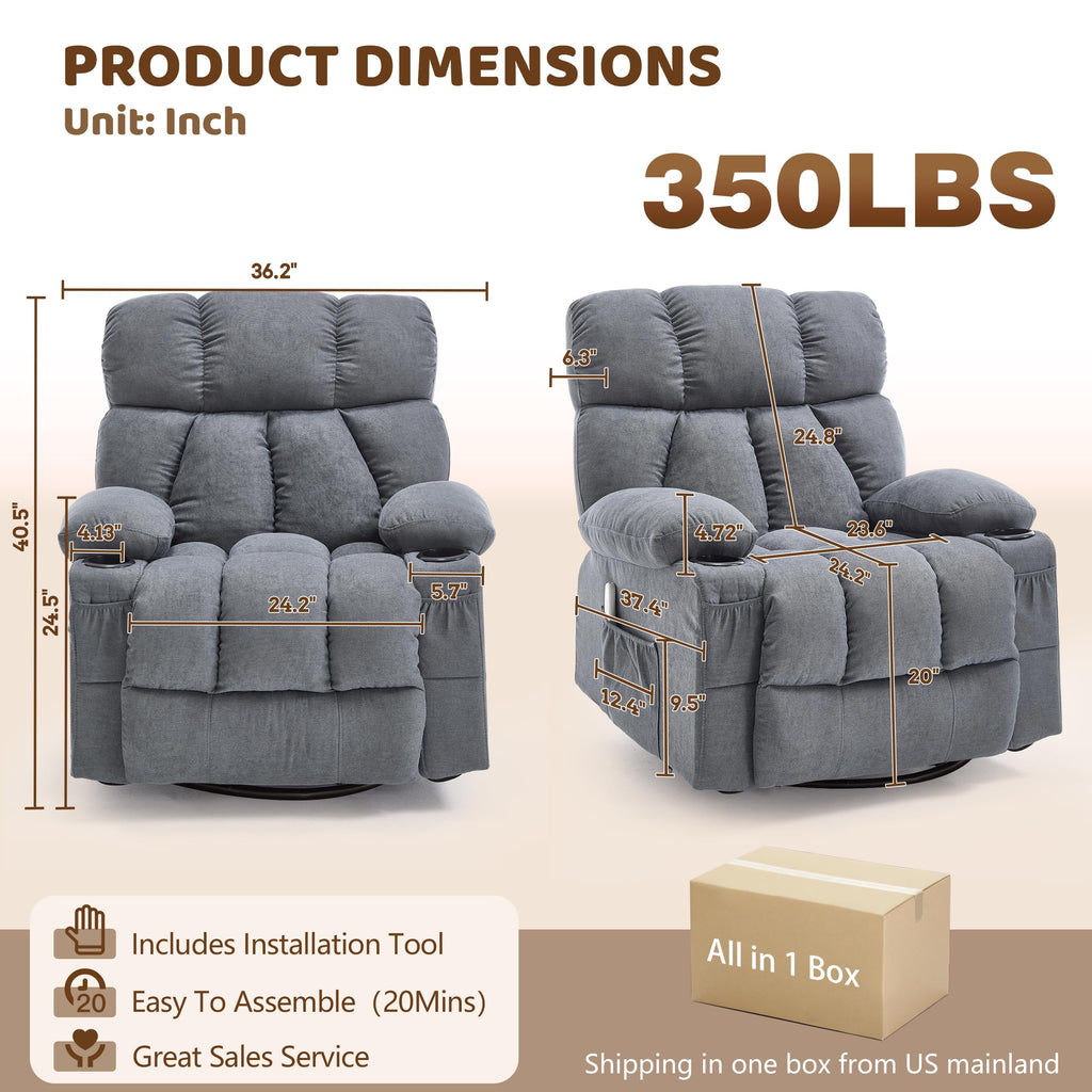 Oversized Grey Swivel Massage Recliner Chair W955483