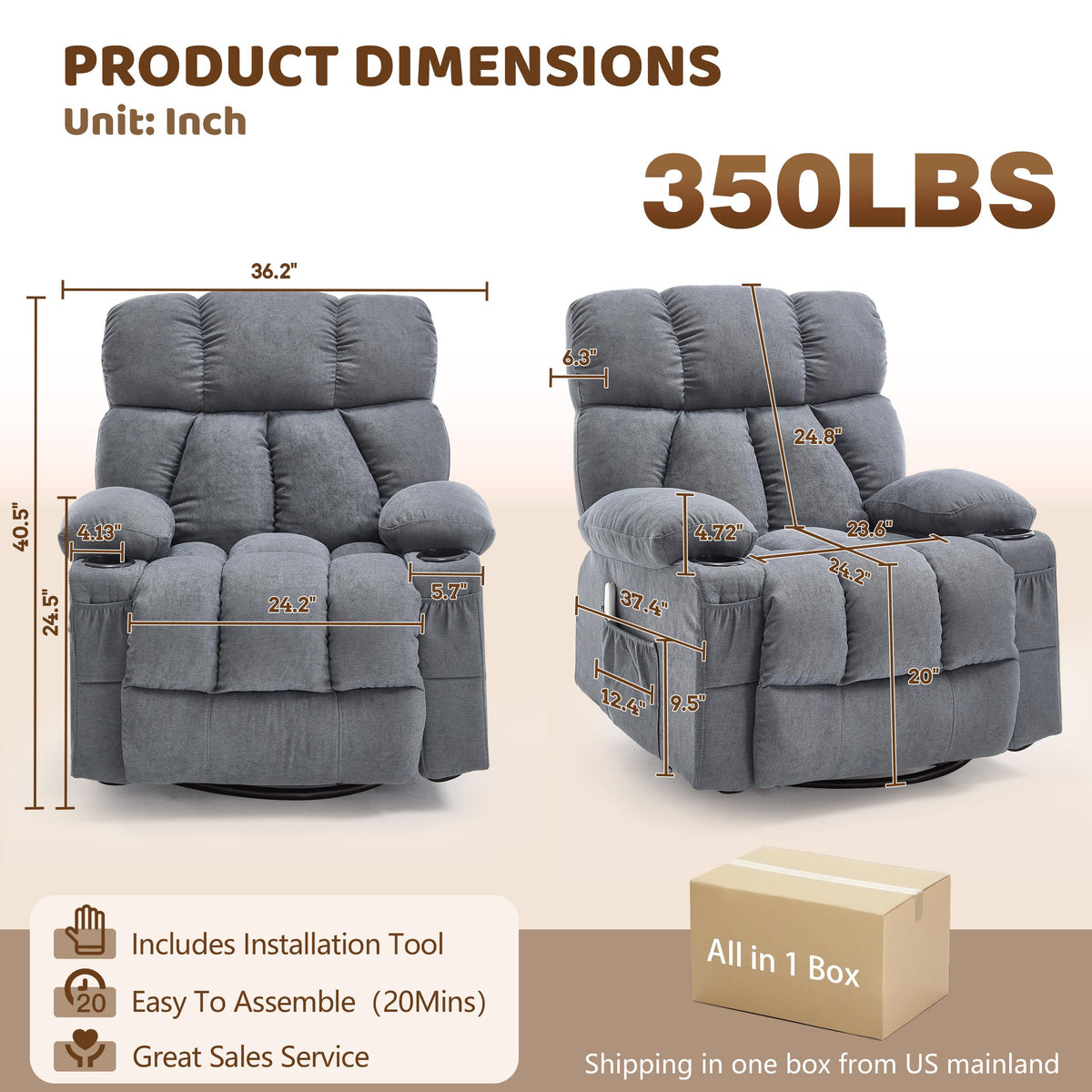 Oversized Grey Swivel Massage Recliner Chair W955483