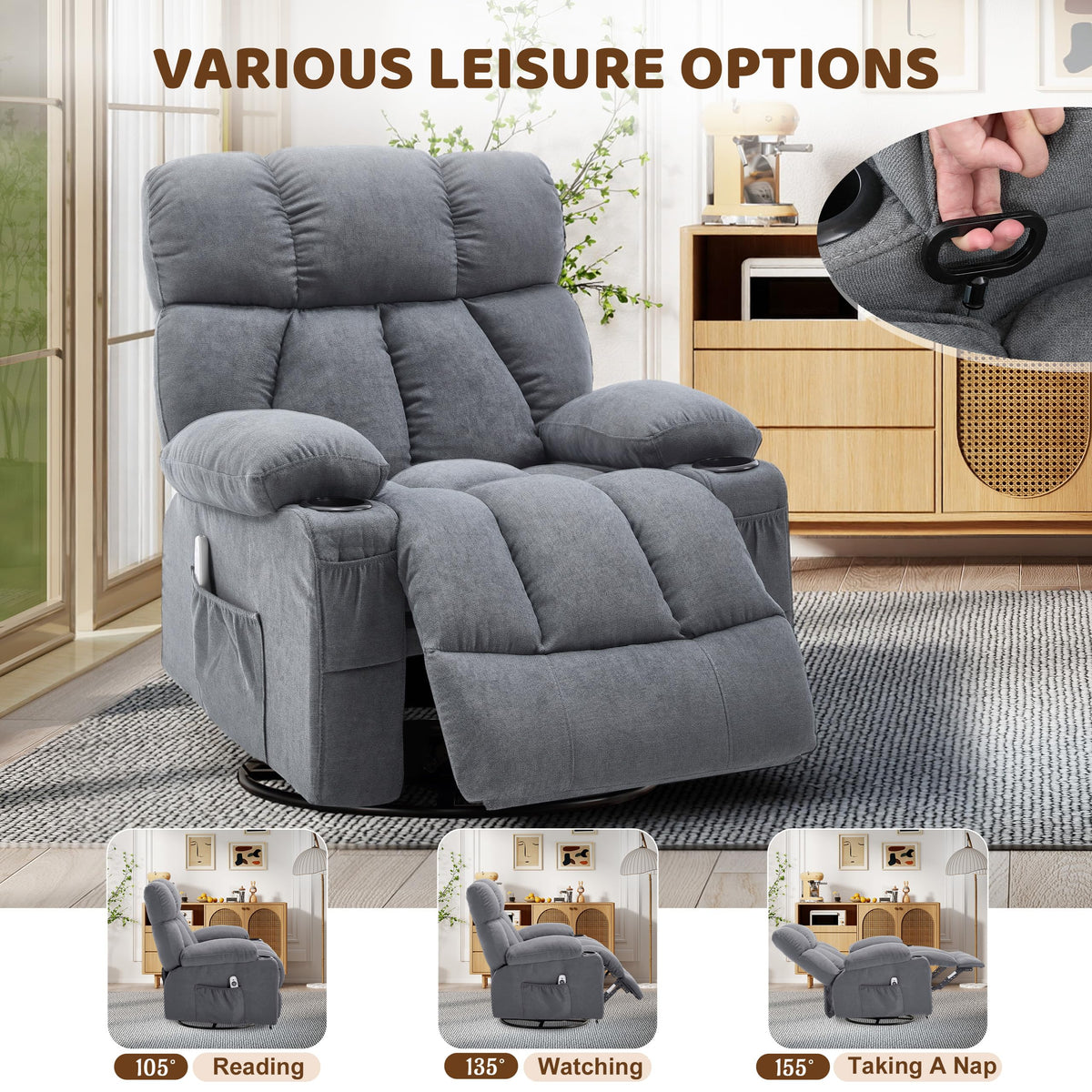 Oversized Grey Swivel Massage Recliner Chair W955483