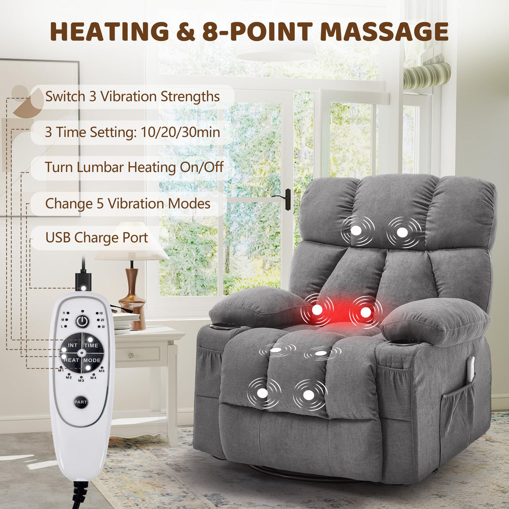 Oversized Grey Swivel Massage Recliner Chair W955483
