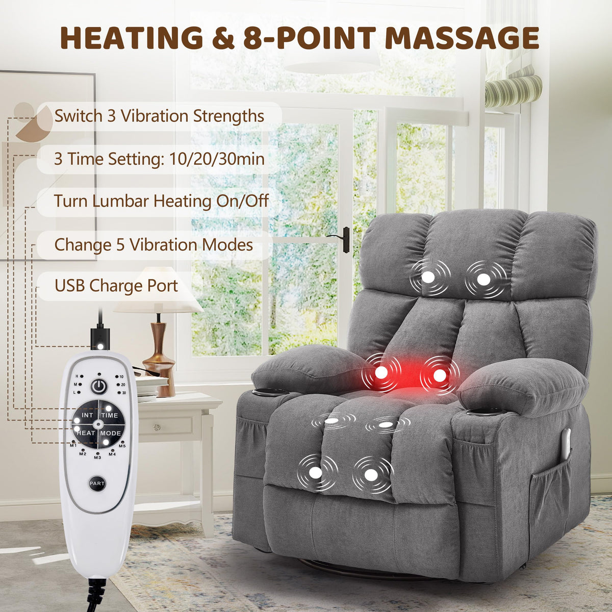 Oversized Grey Swivel Massage Recliner Chair W955483